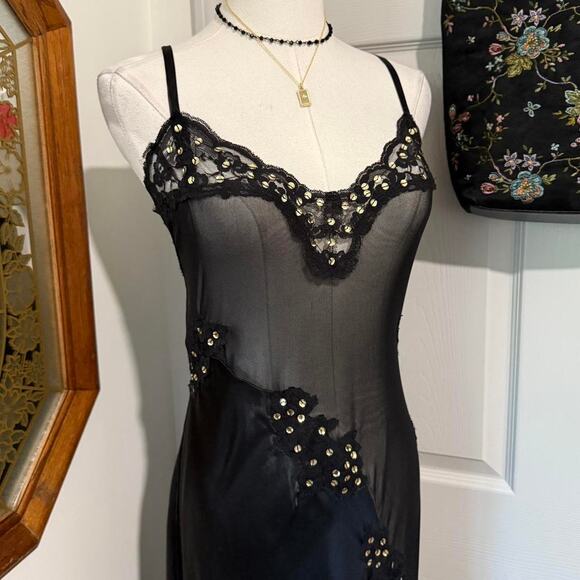 Ashro Black Satin & Sheer Mesh Gold Sequin Asymmetrical Maxi Lingerie Slip Dress - Picture 2 of 7